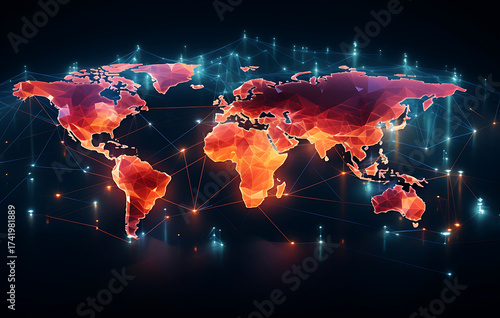 luminous digital depiction of Earth's continents, interwoven with a network of connected lines and nodes that glow, embodying the essence of interconnectedness and the digital age.