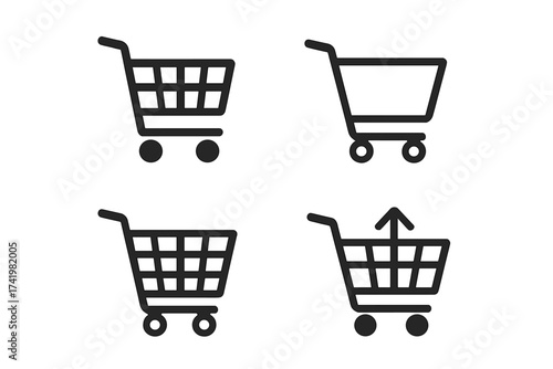 Shopping cart vector icon set for e-commerce. Online store and web purchase symbol. Add to basket, buy now button element. Supermarket trolley pictogram for retail website UI.