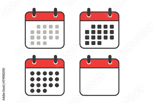 Calendar icon vector set in flat design. Collection of schedule, date, and appointment symbols. Organizer, planner, and event reminder pictograms isolated on a background.
