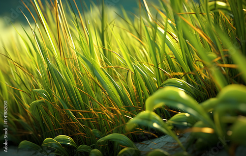vibrant display of lush green grass, meticulously captured, evoking feelings of freshness, and serenity.	