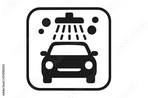 Car wash service icon. Auto cleaning symbol with water spray, soap bubbles. Vehicle maintenance sign. Automobile washing pictogram. Car care graphic element isolated. Vector.