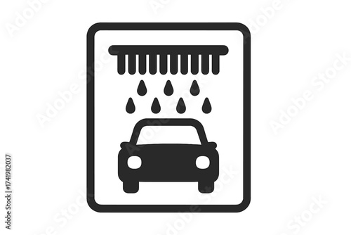 Car wash service vector icon. Sign for auto cleaning and detailing. Automobile under water shower pictogram. Simple black graphic symbol for vehicle care and transport.
