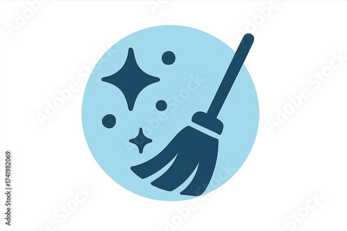 Broom cleaning vector icon with sparkles. Symbol for cleanliness, hygiene, and tidiness. Housekeeping service concept. Sweeping tool for clean house maintenance. Flat design.