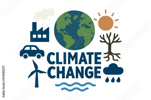 Climate change vector icon set. Global warming, pollution, and ecology concept. Earth conservation illustration with factory, car, wind turbine, sun, and water symbols.