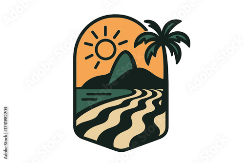 Copacabana beach logo, Rio de Janeiro. Brazil travel emblem with Sugarloaf Mountain. Summer vacation sunset landscape with palm tree. Retro vector icon for t-shirt print.