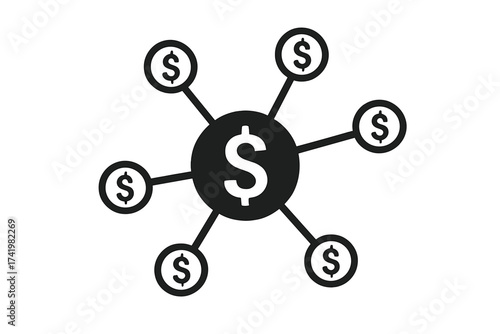 Financial distribution icon. Money diversification, investment strategy concept. Dollar currency network. Financial hub, cash flow, revenue sharing vector illustration. Crowdfunding.