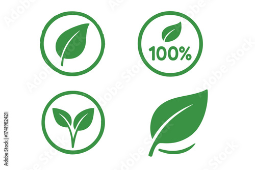 Eco friendly green stamp icon set. 100% natural organic product label collection. Bio vegan food package badge. Vector sign for ecology and environment conservation concept.