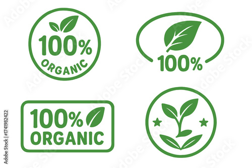 100% Organic stamp icon set. Eco friendly food label. Natural product grunge seal. Green bio badge collection. Vector logo for packaging. Healthy vegan vegetarian food symbol.