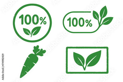 Eco-friendly 100% natural organic food icon set. Vector stamp collection for bio, vegan, and vegetarian products. Green leaf and carrot labels, emblems, and badges.