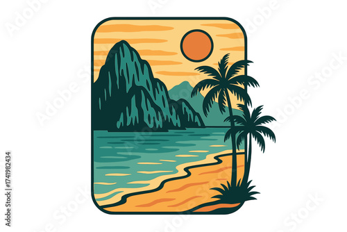 El Nido Palawan Philippines travel badge. Retro summer vacation on a tropical beach with palm trees and mountains at sunset. Vector illustration for travel poster, t-shirt print.