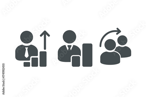 Employee development icon set. Management concept. Career growth, promotion, and staff performance. Human resources pictogram. Employee turnover and replacement symbol.