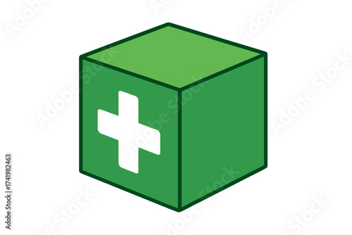 First aid kit box icon for medical and healthcare concepts. Green emergency case with white cross symbol. Isometric vector illustration for pharmacy, hospital, and medicine.