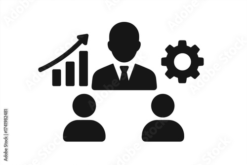 Employee development and management concept. Vector icons for leadership, career growth, training, and team performance. Human resources and corporate strategy illustration set.