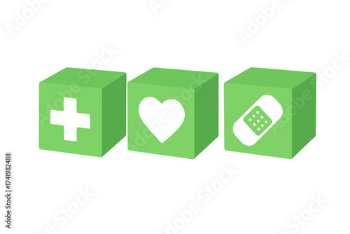 Health insurance concept with 3D blocks. Medical icons set for first aid, emergency services, and healthcare. Green vector cubes with cross, heart, and plaster symbols.