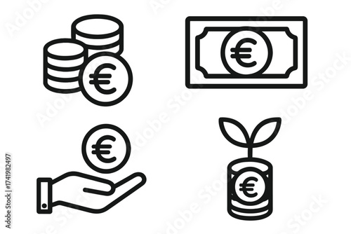 Euro finance and money vector icon set. Line icons for investment, savings, income, and profit. Business concepts like economic growth, banking, payment, and currency symbol.
