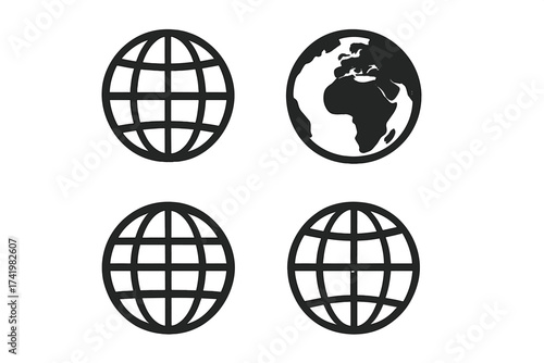Globe icon set. World symbol collection. Simple global sphere and Earth map silhouette. Vector for web, business, travel. Planet, network, communication, international concept.
