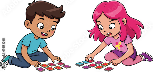 Happy children playing memory card game indoors, fun educational activity for kids, learning through play, colorful childhood, teamwork, entertainment, development, joy