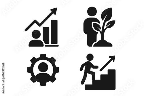 Personal growth and career development icon set. Professional skills improvement, success, and self-improvement concept. Business training, coaching, and motivation vector glyphs.