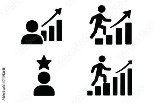 Career growth and personal development icon set. Man climbing stairs to success. Symbol of progress, promotion, and achievement. Upward arrow on bar chart for improvement and motivation.