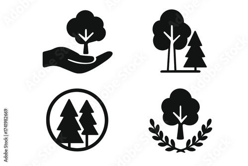 Tree planting and forest conservation vector icon set. Hand holding sapling for environmental care. Ecology, nature, and woods glyph symbols. Sustainable forestry silhouette.