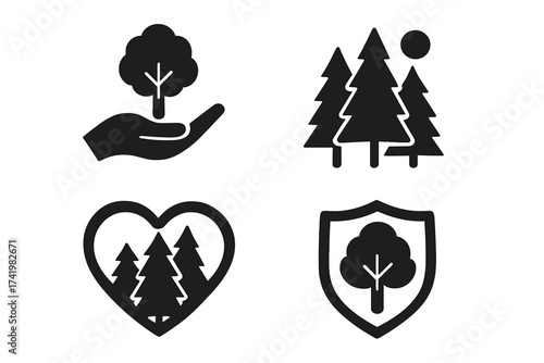 Forest conservation icon set. Hand holding tree symbol for growth. Love nature heart. Protect shield. Ecology, environment, sustainability vector logo collection for green concept.