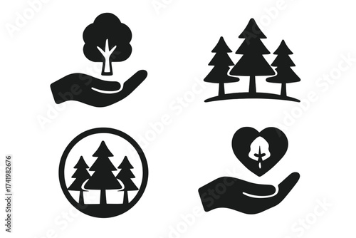 Forest conservation icon set with hand holding tree symbol. Ecology and environment concept. Vector graphic for sustainability, nature care, love and growth. Reforestation sign.
