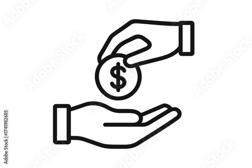 Hand giving dollar coin icon. Concept of payment, donation, savings, investment, and deposit. Financial symbol for earning, income, salary, charity, help, and paying.
