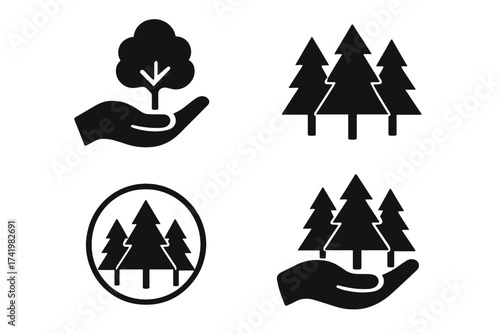 Forest conservation icon set. Hand holding tree symbol for ecology. Environmental protection. Nature care concept. Vector logo element for sustainability and reforestation.