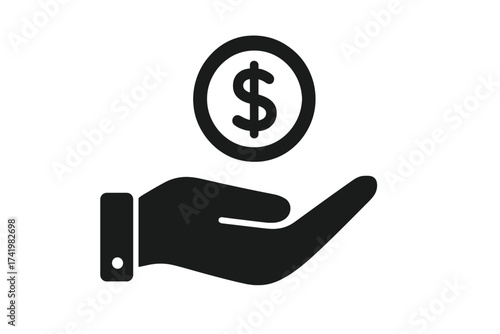 Hand holding dollar coin icon. Donated money symbol. Donation, charity, and savings concept. Earning, payment, and salary sign. Financial investment vector illustration.