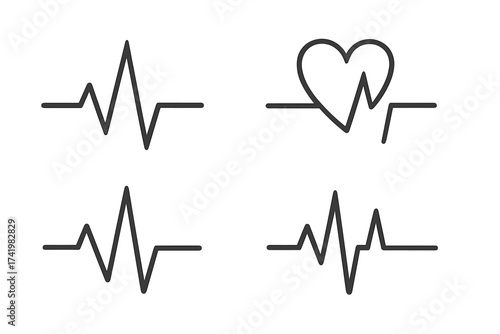 Heart pulse line icon set. Cardiogram EKG symbol. Vector heartbeat illustration for medical health care. Love rhythm cardiograph wave. Vital sign frequency monitor design.