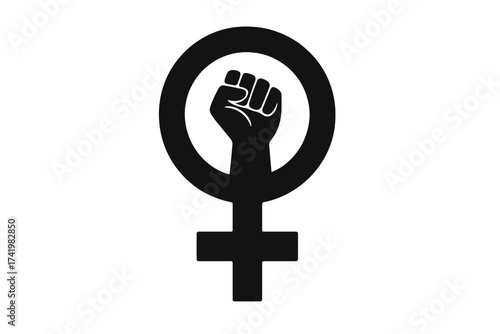 Feminist symbol with raised fist. Women's rights icon. International Women's Day IWD. Girl power sign. Female protest graphic. Concept of gender equality and empowerment. Vector.