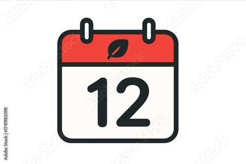 Vector calendar icon showing date 12. Day twelve symbol. Schedule, appointment, event planner. Organizer reminder for deadline. Time management concept. Seasonal date with leaf.