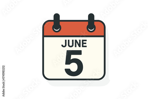 June 5 calendar page icon. Vector flat design illustration for the fifth day of June. Daily date symbol for schedule, appointment, reminder, event. World Environment Day.