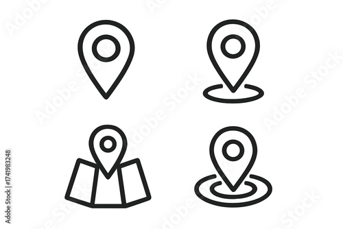 Location icon collection. Place, address, map pin symbol set. GPS navigation pointer sign. Destination marker. Vector line art illustration. Geolocation point find concept.