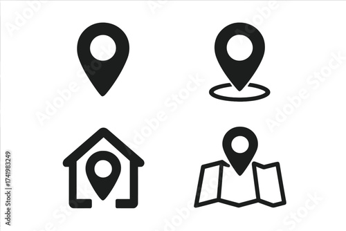 Location icon set. Map pin, pointer, address and home marker vector collection. GPS navigation, destination, and position symbols for web, app, and UI design. Simple flat sign.