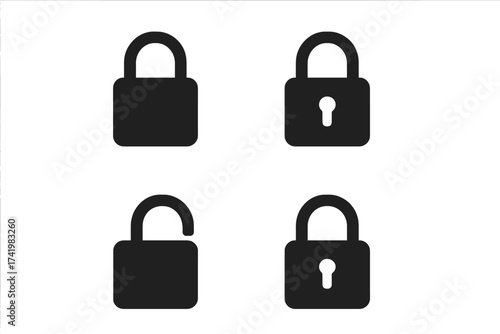 Lock icon set. Padlock symbol collection, open and closed. Security system vector illustration. Safety, privacy, protection concept. Access control, secure sign, keyhole.