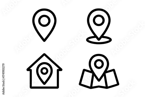 Location icon set. Map pin, pointer, destination marker symbols. Vector line art for navigation, address, place finding. Home location, GPS sign. Simple outline icons.