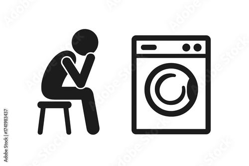 Man waiting for laundry icon. Sad person sitting by washing machine. Domestic chore concept. Household routine, laundromat service, bored, tired vector pictogram illustration.