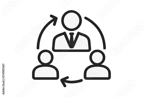 Management and collaboration icon. Business team management, leadership concept. Workflow, delegation and communication process. Human resources strategy symbol. Manager and employees.