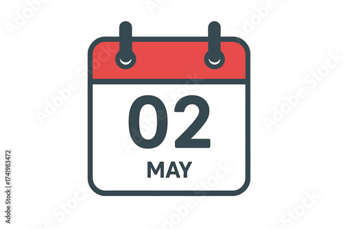 May 2 calendar icon. Daily planner page with date. Second day of the month symbol. Schedule, reminder, appointment, and event concept. Flat vector illustration for web and print.