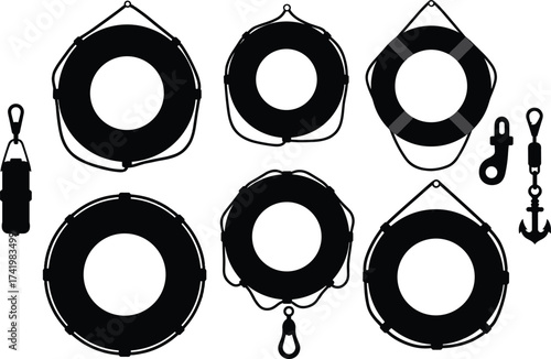 Life ring silhouettes, maritime hardware icons, anchor, hooks, shackles, nautical safety equipment, lifesaving gear illustration, emergency flotation device, vector artwork