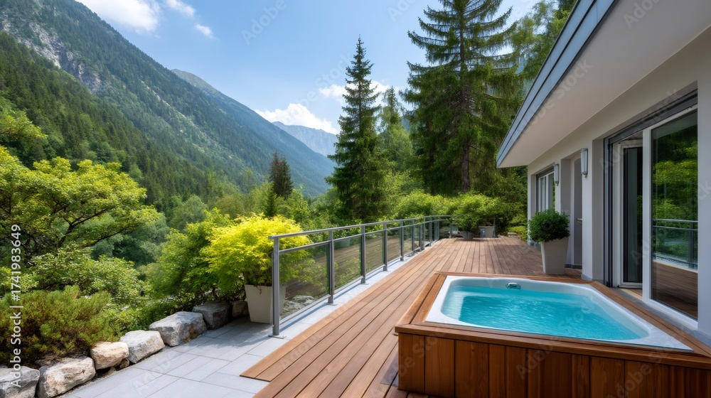 Fototapeta premium Luxury hot tub on a modern deck overlooking mountains