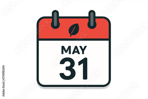 May 31 calendar icon flat design daily date reminder, spring end month vector illustration with leaf symbol, simple minimalistic office and planner graphic
