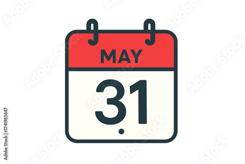 May 31 Calendar Icon, Flat Vector Design of Daily Date and Day of the Year, Minimalist Office Planner Illustration with Transparent Background, Organized Set, Time Management Concept