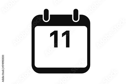 Vector calendar icon illustration showing date 11 in bold black and white design, clear minimalistic date symbol, monthly planner icon for scheduling, planner and organizer concept