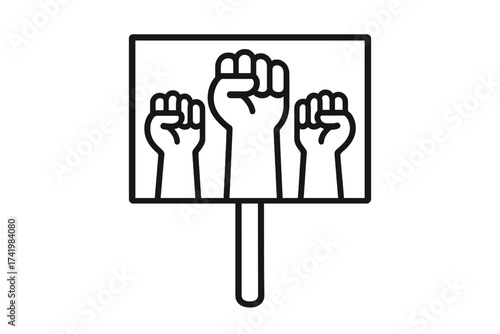 Protest banner with raised fists symbol of revolution and unity, protest arms outline vector illustration, symbol of power, resistance, fight for rights on white background