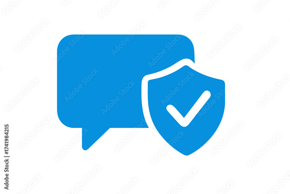 Fototapeta premium Secure text message bubble with shield and check mark icon, blue communication safety vector illustration, privacy protection concept, verified chat symbol with transparent background