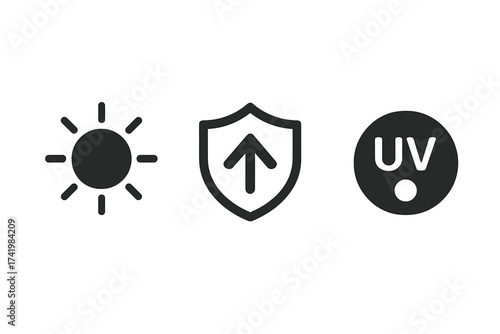 Sun Protection and SPF Factor Icon Set, UV Shield Vector Illustration, Sun Safety Symbols, Skin Care and Radiation Defense, UV Index, Transparent Background