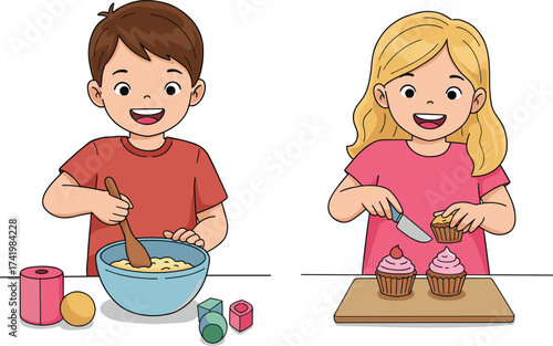 Happy kids baking cupcakes together, boy mixing batter, girl decorating muffins, fun cooking activity, smiling children, kitchen learning moments.