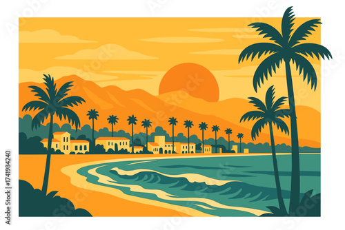 Santa Barbara California West Coast beach sunset illustration, vector graphic art featuring palm trees, coastal cityscape, waves, golden sky, and mountains backdrop